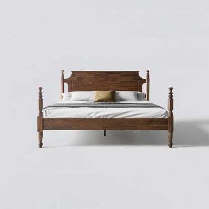 Solid Wood Queen Size Platform Bed Frame with Headboard & Footboard, Central Metal Legs, 12 Durable Slats Base, Anti-Slip & Noise-Free, Easy Assembly, No Box Spring Needed, Walnut Finish, ROQ-37