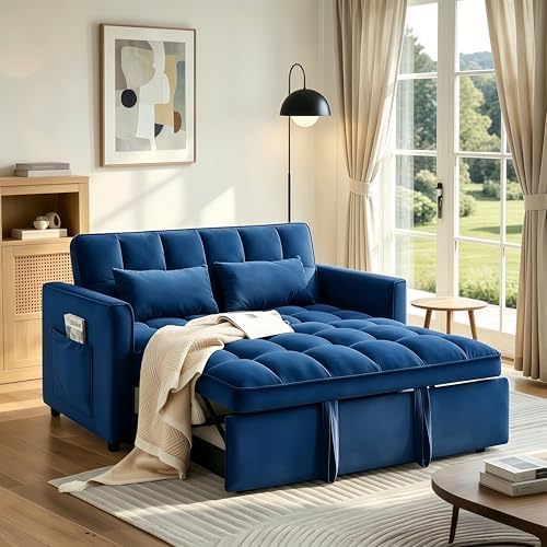 54'' Sleeper Sofa Bed, Convertible Pull Out Couch Futon with Side Pockets, Velvet Loveseat Sofa Bed with Adjustable Backrest, Armrest Pillows for Living Room Dorm Apartment, Blue