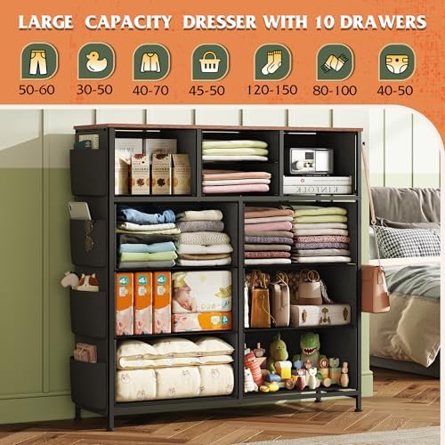 WLIVE 10 Drawer Fabric Dresser for Bedroom, Side Pocket Chest, Floral