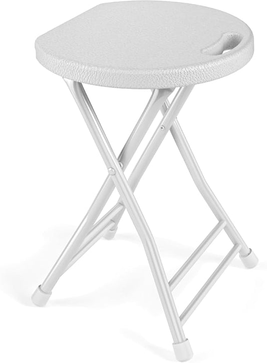Folding Stool, 18 Inch Foldable Stool with Handle & Steel Frame, Folding Bar Stools, 500lbs Sturdy Foldable Lightweight Metal Chair for Camping, Indoor and Outdoor, White