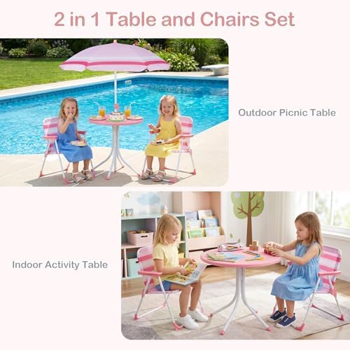Olakids Kids Picnic Table, Outdoor Toddler Patio Furniture Set with 2 Folding Chairs Adjustable Foldable Umbrella for Garden Backyard Beach (Pink)