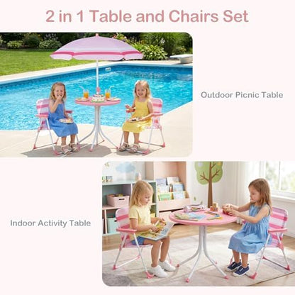 Olakids Kids Picnic Table, Outdoor Toddler Patio Furniture Set with 2 Folding Chairs Adjustable Foldable Umbrella for Garden Backyard Beach (Pink)
