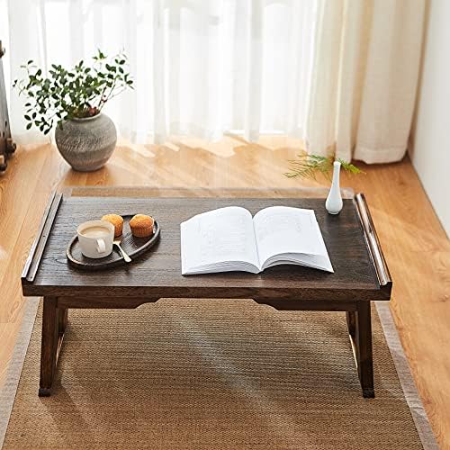 Foldable Wooden Laptop Desk, Breakfast in Bed Serving Tray, Japanese Floor Table for Tea & Coffee, Portable Antique Meditation Altar(26.8”x13.4”x11.4”)