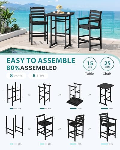 SERWALL 4 Pcs HDPE Bar Height Adirondack Chairs and Bar Table Set, Black