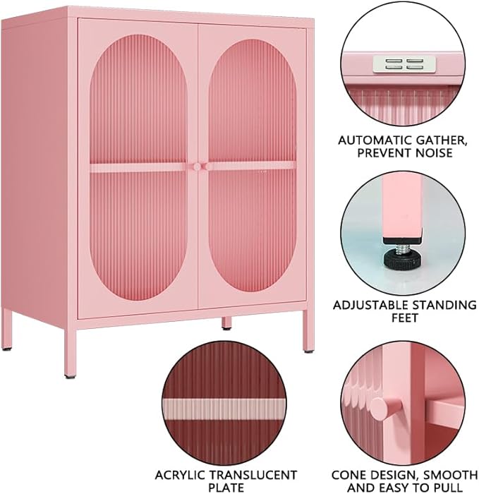 2 Translucent Door Metal Accent Storage Cabinet for Home, Living Room, Office Room,Kitchen-Metal Locker Cabinet with 1 Adjustable Shelves-2-Tier (Pink)