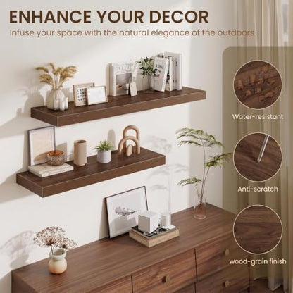 Wood Floating Shelves 20 Inch, 12 Inch Deep Shelves Wall Mount, Wall Shelves with Invisible Bracket, 20" Floating Shelves for Living Room Bathroom Bedroom, Walnut, Set of 3
