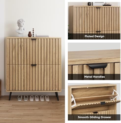 Smuxee Shoe Cabinet with 2 Flip Drawers, 31.5" Natural Hidden Shoe Storage Cabinet with Fluted Design, Freestanding Shoe Organizer Cabinet for Entryway, Hallway, Closet, Living Room