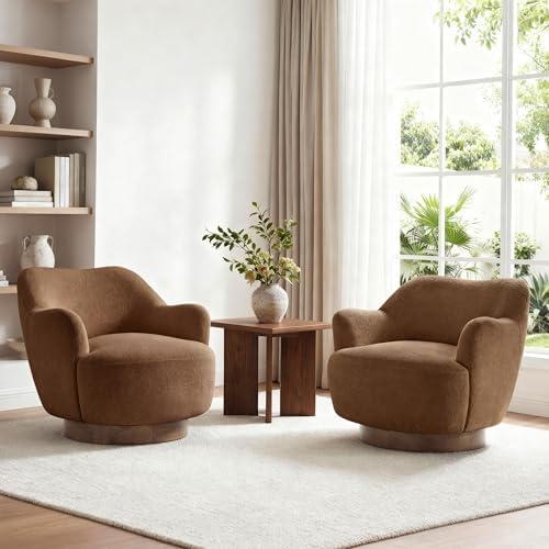 Swivel Accent Chair with Curved Arms, Wooden Base, Terracotta, Set of 2