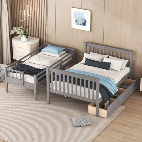 MERITLINE Twin Over Full Convertible Bunk Bed with Storage Stairs and Drawers,Solid Wood Detachable Bunk Bed with Storage Shelves for Adults,No Box Spring Needed (Grey)
