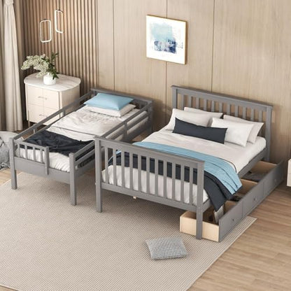 MERITLINE Twin Over Full Convertible Bunk Bed with Storage Stairs and Drawers,Solid Wood Detachable Bunk Bed with Storage Shelves for Adults,No Box Spring Needed (Grey)