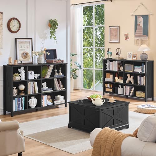 Joaxswe 12 Cube Storage Organizer, Farmhouse 62 Inch Wide Black Oak Display Bookshelf, Wooden 3 Tier Large Open Book Shelf, Vintage Bookcase for Home Office, Cubby Cabinet for Living Room, Office