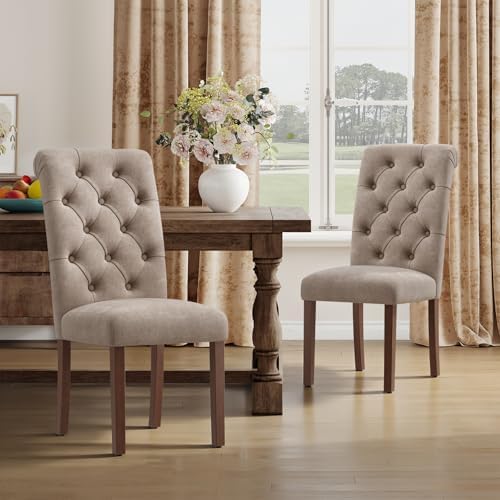 MALOL Upholstered Tufted Dining Room Chairs Set of 6, Parsons Kitchen Chairs with Padded Seat and Solid Wood Legs, Fabric Accent Side Diner Chair for Dining Room/Kitchen/Living Room, Camel