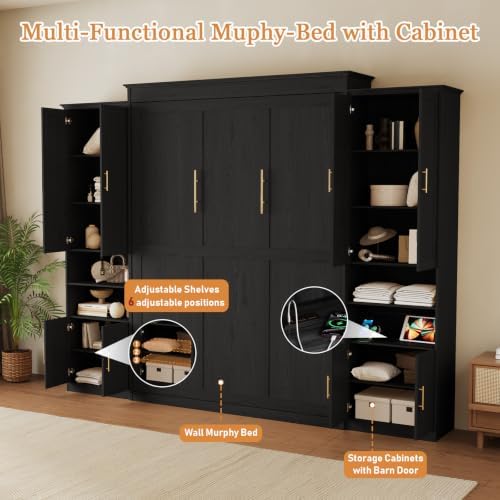Murphy Bed Queen with 2 Storage Cabinets and USB Port, Black and Grey