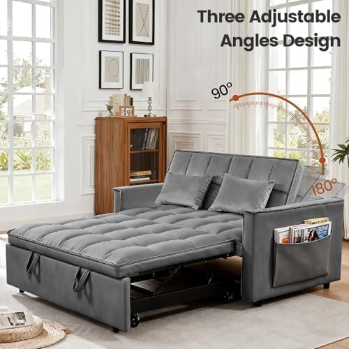3 in 1 Convertible Sofa Bed, Love Seat Sleeper Bed with Side Pockets, Velvet Fabric Pull Out Couch with Adjustable Backrest for Living Room, Bedroom, Gray Apartment, Gray