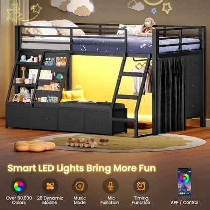 MSmask Low Loft Bed Twin with 7 Storage Drawers & Reading Nook, Black