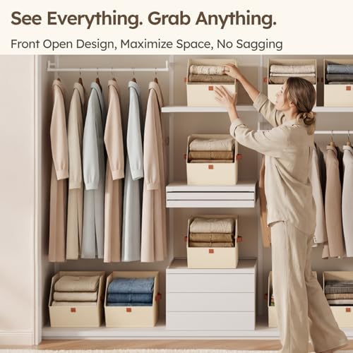Fabric Closet Storage Cubes - 10 Pack Square Storage Bins with Dual Handles for Clothes, Towels, Toys, Cube Storage Organizers for Bedroom, Nursery, Shelves, Closet, Small Spaces, Beige