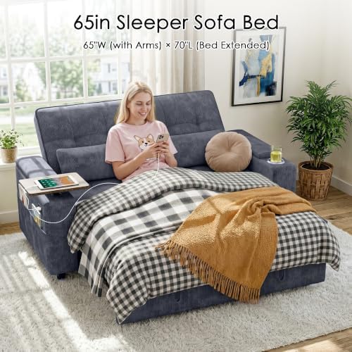 65in Sleeper Sofa Bed, Pull Out Couch for Living Room(Blue)