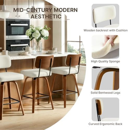 Swivel Bar Stools Set of 3, 26" Counter Height with Wooden Back, Ivory