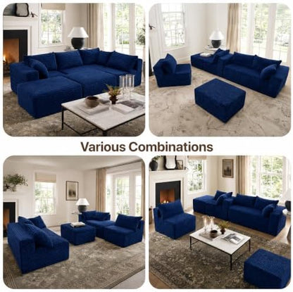 Claiks 132" Boneless Couch, U-Shape Corduroy Sectional Sofa, Blue