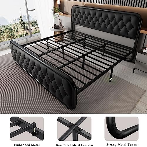 Feonase King Size Bed Frame, Upholstered Bed Frame with Faux Leather Headboard, Heavy Duty Platform Bed with Strong Metal Slats, 12 Inch Under-Bed Storage, Noise-Free, Easy Assembly, Black