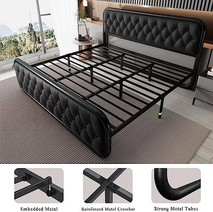 Feonase King Size Bed Frame, Upholstered Bed Frame with Faux Leather Headboard, Heavy Duty Platform Bed with Strong Metal Slats, 12 Inch Under-Bed Storage, Noise-Free, Easy Assembly, Black
