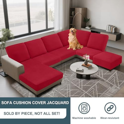 UNBBRRL Seat Cushion Cover and Back Covers for Corner Sofa Stretch Jacquard, Non Slip L Shaped Sofa Slipcover with Storage Ottoman, Sectional Couch Cover for Chaise Lounge (Red,Ottoman 15 x 15 x 16”)