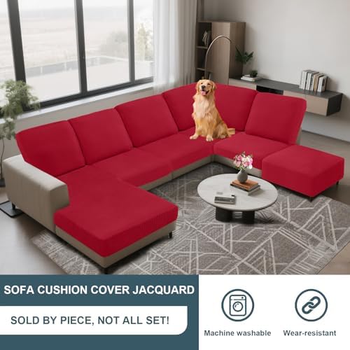 UNBBRRL Seat Cushion Cover and Back Covers for Corner Sofa Stretch Jacquard, Non Slip L Shaped Sofa Slipcover with Storage Ottoman, Sectional Couch Cover for Chaise Lounge (Red,24 x 35 x 6”)