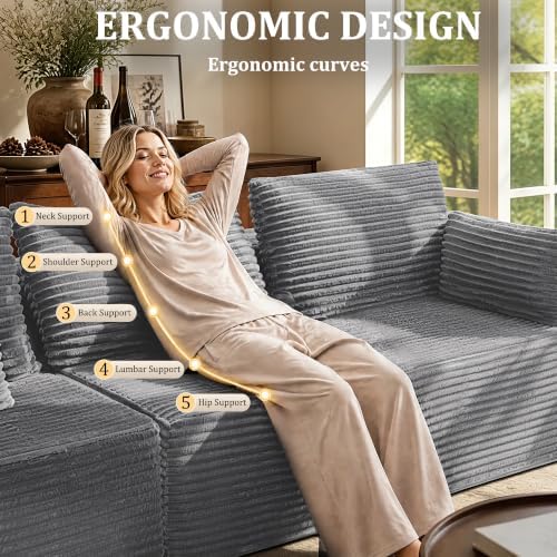 138" Oversized Boneless Couches for Living Room,3-Seat Modular L-Shaped Sectional Sofa with Left-Facing Chaise,Ottoman,Deep Seat Memory Foam,No Assembly Required,Light Gray