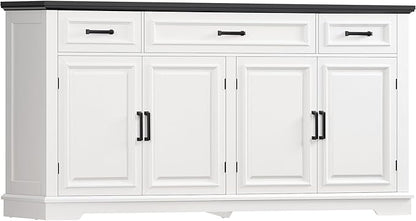 usikey 59” Large Buffet Cabinet with 4 Doors and 3 Drawers, Buffet Sideboard Cabinet with Storage and 2 Adjustable Shelves, Coffee Bar, Wine Bar for Living Room, White