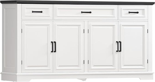 usikey 59” Large Buffet Cabinet with 4 Doors and 3 Drawers, Buffet Sideboard Cabinet with Storage and 2 Adjustable Shelves, Coffee Bar, Wine Bar for Living Room, White