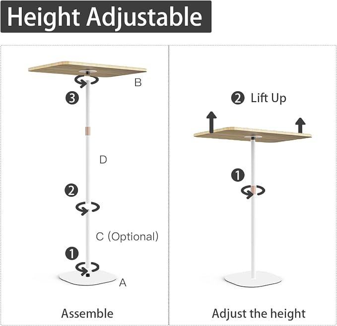 Small Laptop Standing Desk, 18“H - 46”H Adjustable Height Pedestal Side Table with Wooden Top, Portable Tall End Table, Stand-Up Desk for Bedside, Couch, Sofa, Living Room, Bedroom, Home Office, White