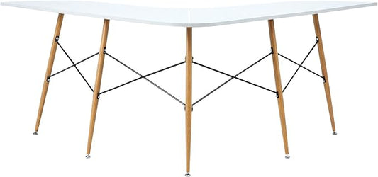 Teamson Home Roberto Mid-Century Modern L-Shaped Corner Desk with Tapered Legs and Black Metal Accents, Light Gray