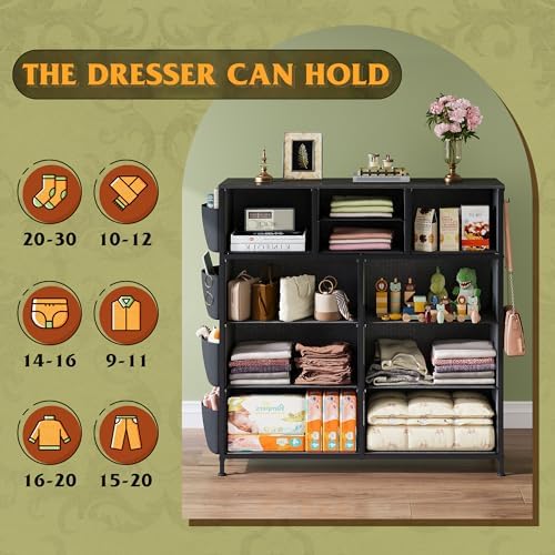 WLIVE 10 Drawer Fabric Dresser for Bedroom, Side Pocket & Hooks, Charcoal