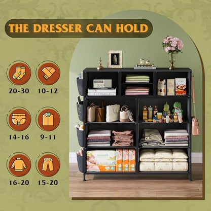 WLIVE 10 Drawer Fabric Dresser for Bedroom, Side Pocket & Hooks, Charcoal