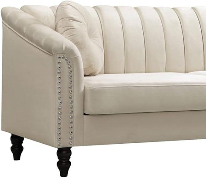 Sectional Sofa Set, Microfiber Chesterfield Upholstered Sofas Loveseat Couch Chair Sets with Style Button Tufted, Scroll Arms and Nailhead for Living Room, Office, Apartment, White,S
