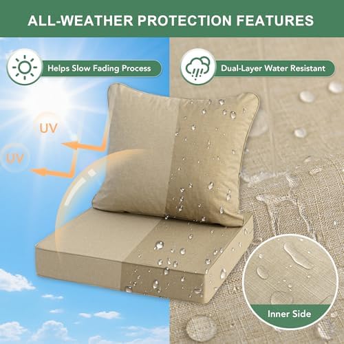 Outdoor Chair Cushions Set of 4, Faux Linen Patio Furniture Cushions, Water Resistant Backrest and Seat Cushion Set with Ties, Removable Cover, Non-Slip Bottom, 19 x 19 Inch, Nature