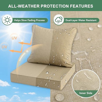 Outdoor Chair Cushions Set of 4, Faux Linen Patio Furniture Cushions, Water Resistant Backrest and Seat Cushion Set with Ties, Removable Cover, Non-Slip Bottom, 19 x 19 Inch, Nature