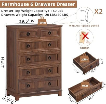 Joaxswe Farmhouse 6 Drawer Dresser for Bedroom, 41" Tall Chest of Drawers