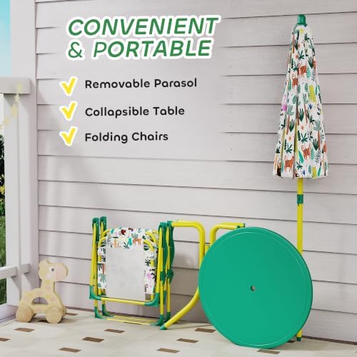 Qaba Kids Picnic Table and Chair Set Outdoor Monkey and Giraffe Green