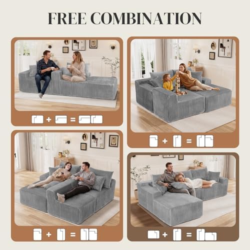 110" L Shaped Cloud Boneless Sectional Couches for Living Room, Modern Comfy Modular Deep Seat Memory Foam Compressed Corduroy Sofa Oversized Left Facing Chaise, No Assembly Required, Grey