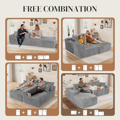 110" L Shaped Cloud Boneless Sectional Couches for Living Room, Modern Comfy Modular Deep Seat Memory Foam Compressed Corduroy Sofa Oversized Left Facing Chaise, No Assembly Required, Grey