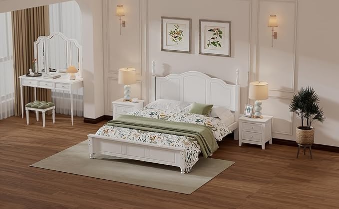 Harper & Bright Designs 3 Pieces Queen Bedroom Sets, Wooden Queen Size Platform Bed Frame with 2 Nightstands, Retro Design Queen Bedroom Furniture Sets, Easy to Assemble,White