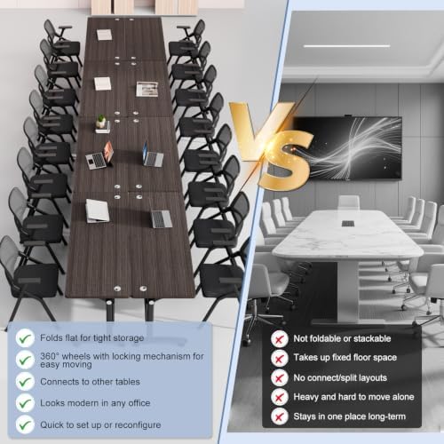 Folding Conference Room Tables with Wheels, Walnut 2Pack Training Tables