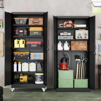 75" Metal Garage Storage Cabinet with Wheels, Locking Doors, 5 Shelves