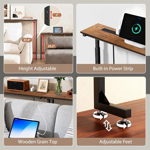 Keelian 35 inch Narrow Console Table,Adjustable Height Behind Sofa Table,Couch Behind Table Skinny,Couch Shelf with Charging Station,Long Entryway Tables for Living Room,Brown