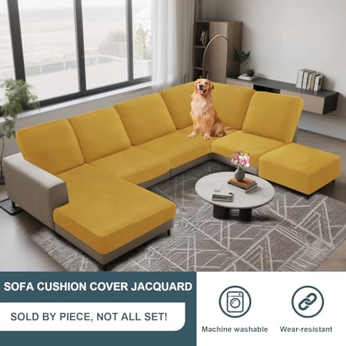 UNBBRRL Seat Cushion Cover and Back Covers for Corner Sofa Stretch Jacquard, Non Slip L Shaped Sofa Slipcover with Storage Ottoman, Sectional Couch Cover for Chaise Lounge (Gold,47 x 47 x 6”)