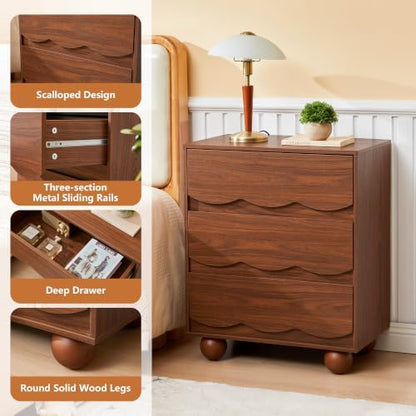 Walnut Scalloped 3 Drawer Dresser,Mid Century Modern Nightstand for Bedroom