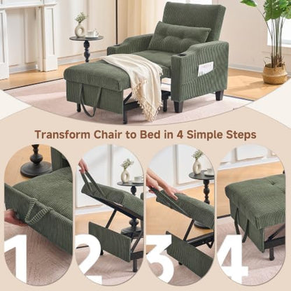 3 in 1 Convertible Sleeper Chair, Corduroy Single Sleeper Sofa Bed, Pull Out Sofa Bed Chair with Adjustable Backrest & Side Pockets for Living Room, Oliver Green