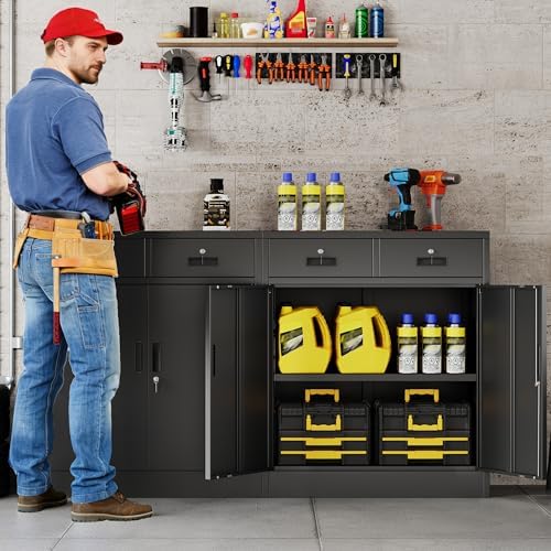 BESFUR Metal Storage Cabinet with Doors and Shelves, 36" H Locking Storage Cabinet with 2 Drawers, Reinforced Heavy Duty Metal Cabinets for Garage, Office, Home(Black)