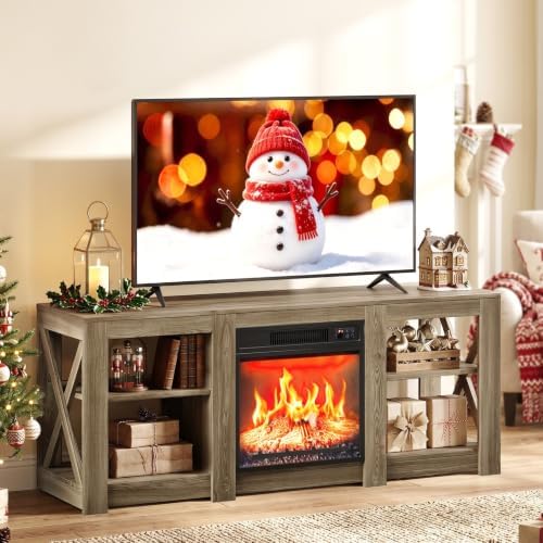 VINGLI 58" TV Stand with Fireplace for up to 65 inch TVs, Gray Oak